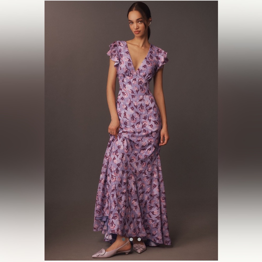 BHLDN Eva Flutter Sleeve Plunge V-Neck Maxi Dress- Anthropologie- Size 8